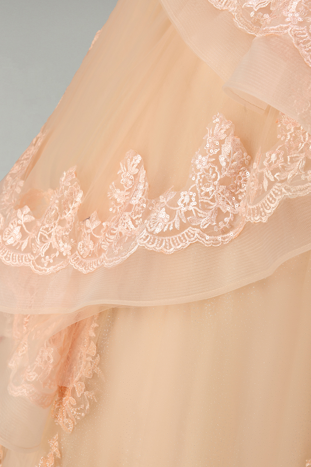 Sparkly Blush Off the Shoulder Appliqued Ball Gown Tulle Quinceanera Dress with Train