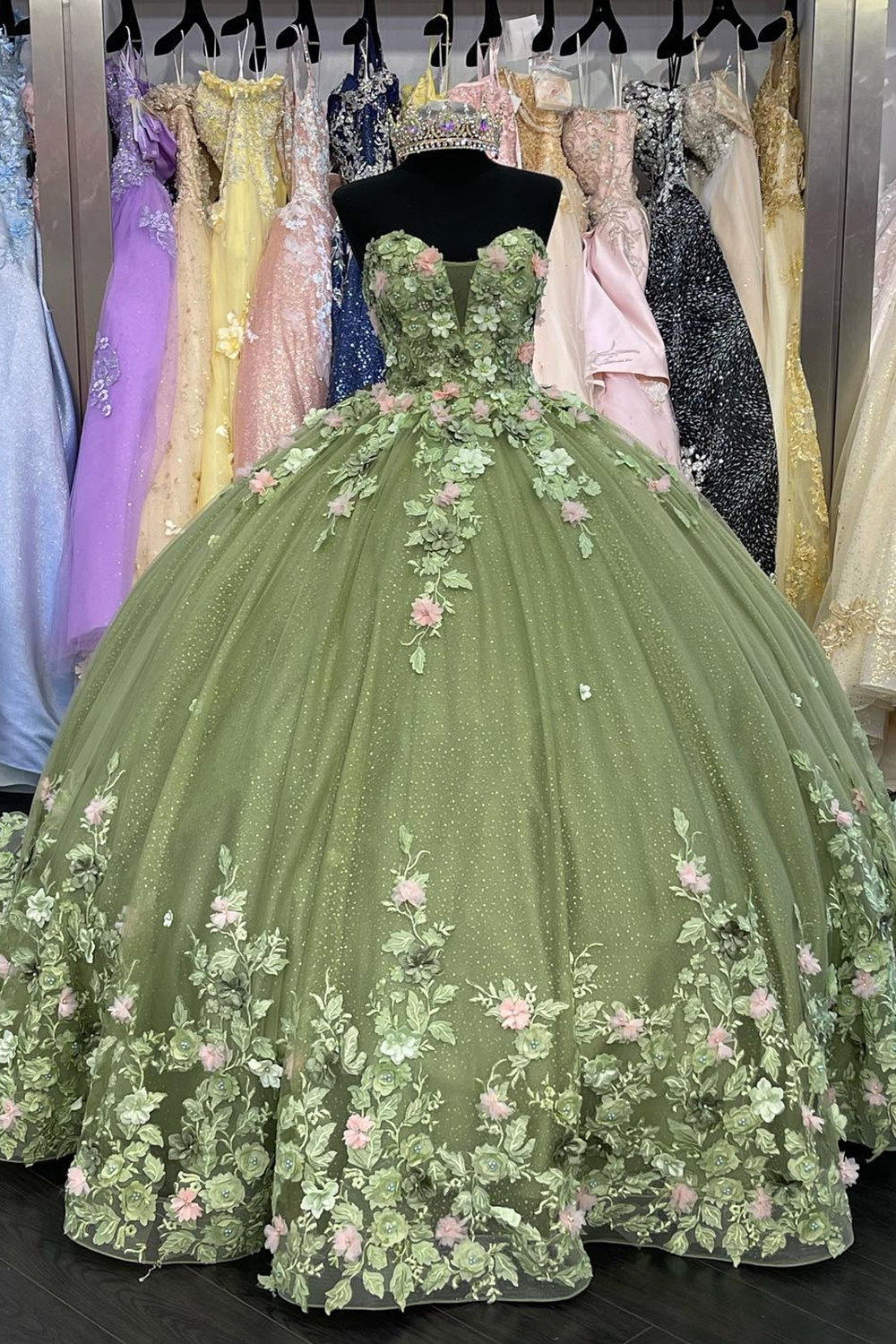 Sparkly Green Off the Shoulder Applique Princess Tulle Quinceanera Dress with Train