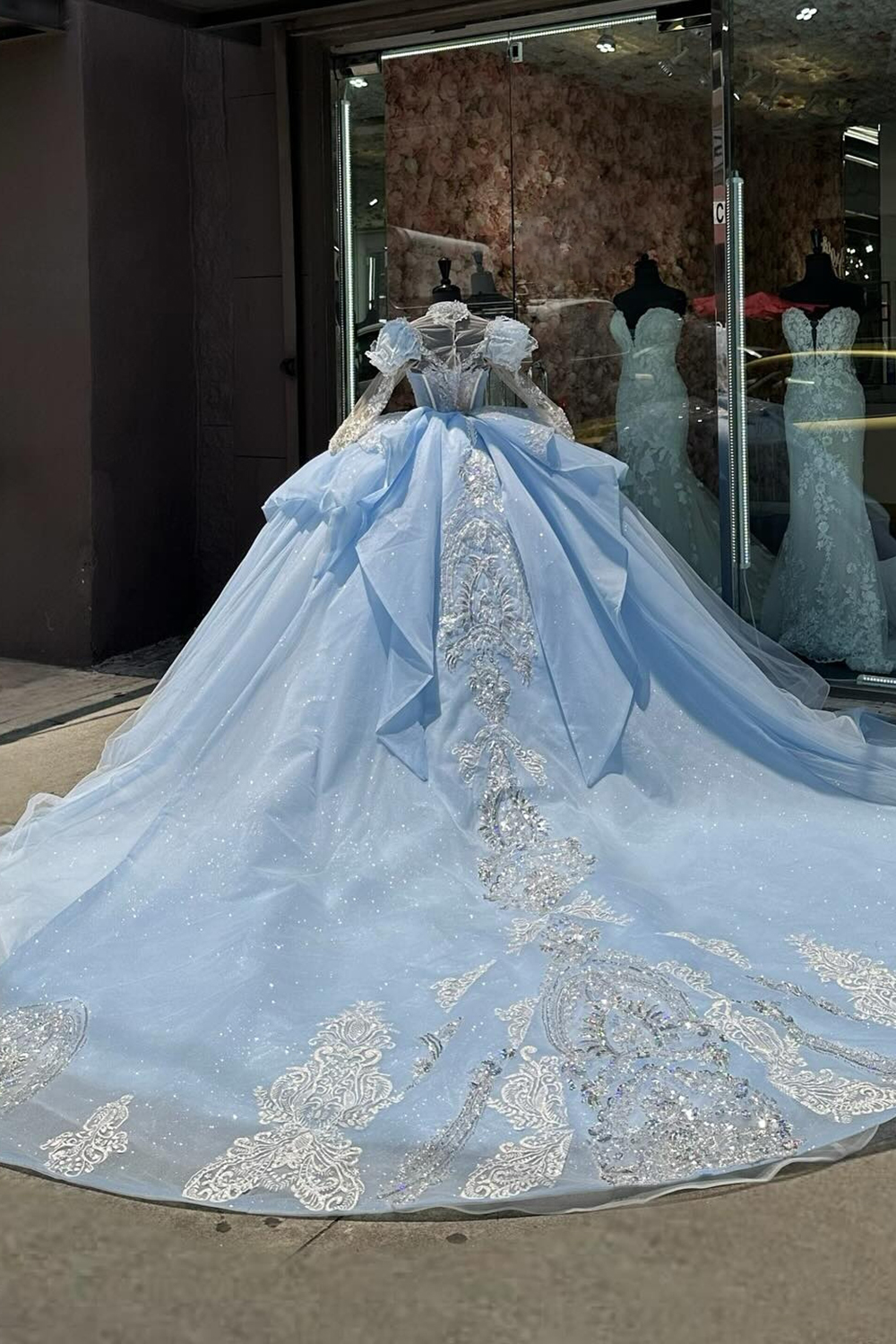 Sparkly Light Blue Round Neck Beaded Applique Princess Tulle Quinceanera Dress with Long Sleeves