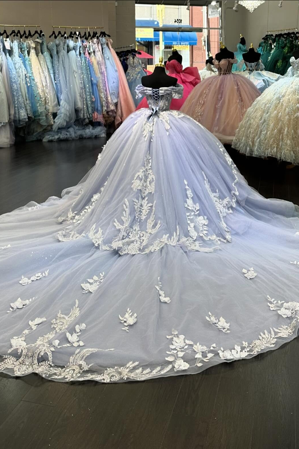 Grey Blue Off the Shoulder Applique Princess Tulle Quinceanera Dress With Train