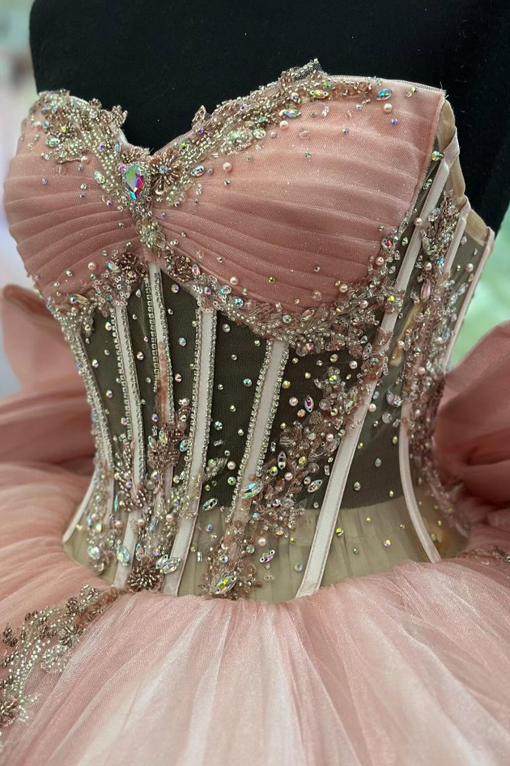 Blush Sweetheart Beaded Applique Bow Ball Gown Tulle Quinceanera Dress with Train