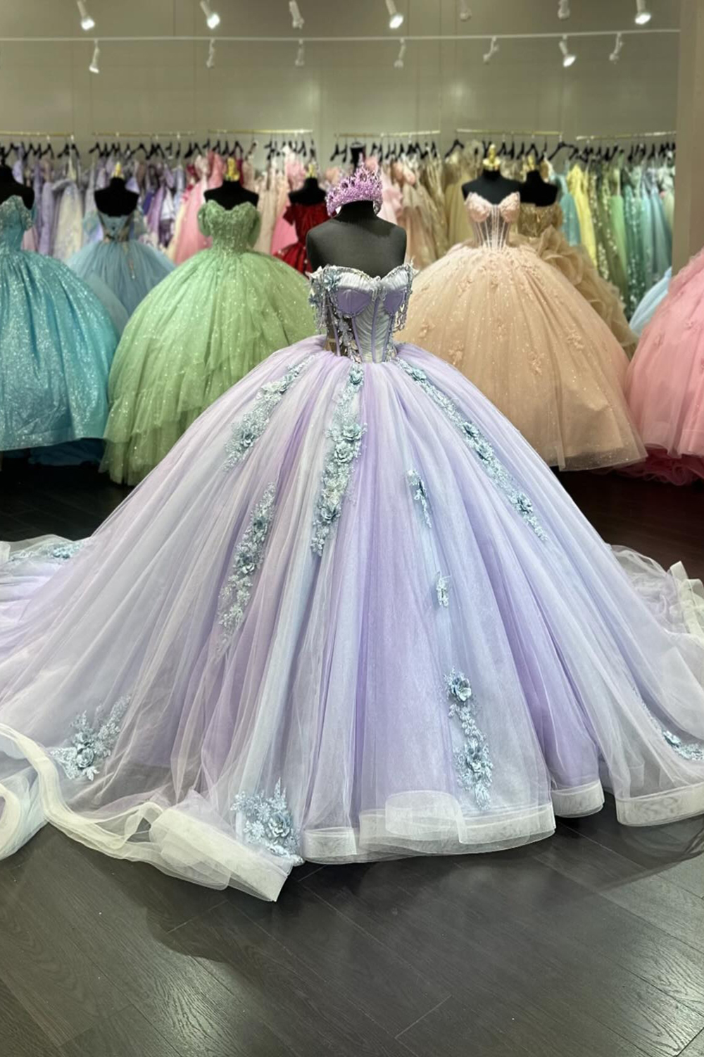 Lilac Off the Shoulder Sequin Applique Princess Tulle Quinceanera Dress