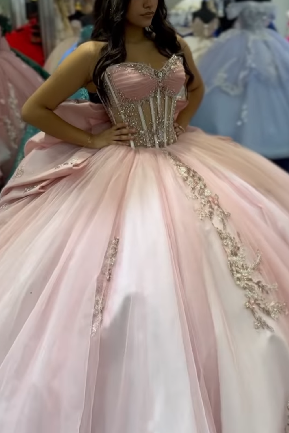 Blush Sweetheart Beaded Applique Bow Ball Gown Tulle Quinceanera Dress with Train