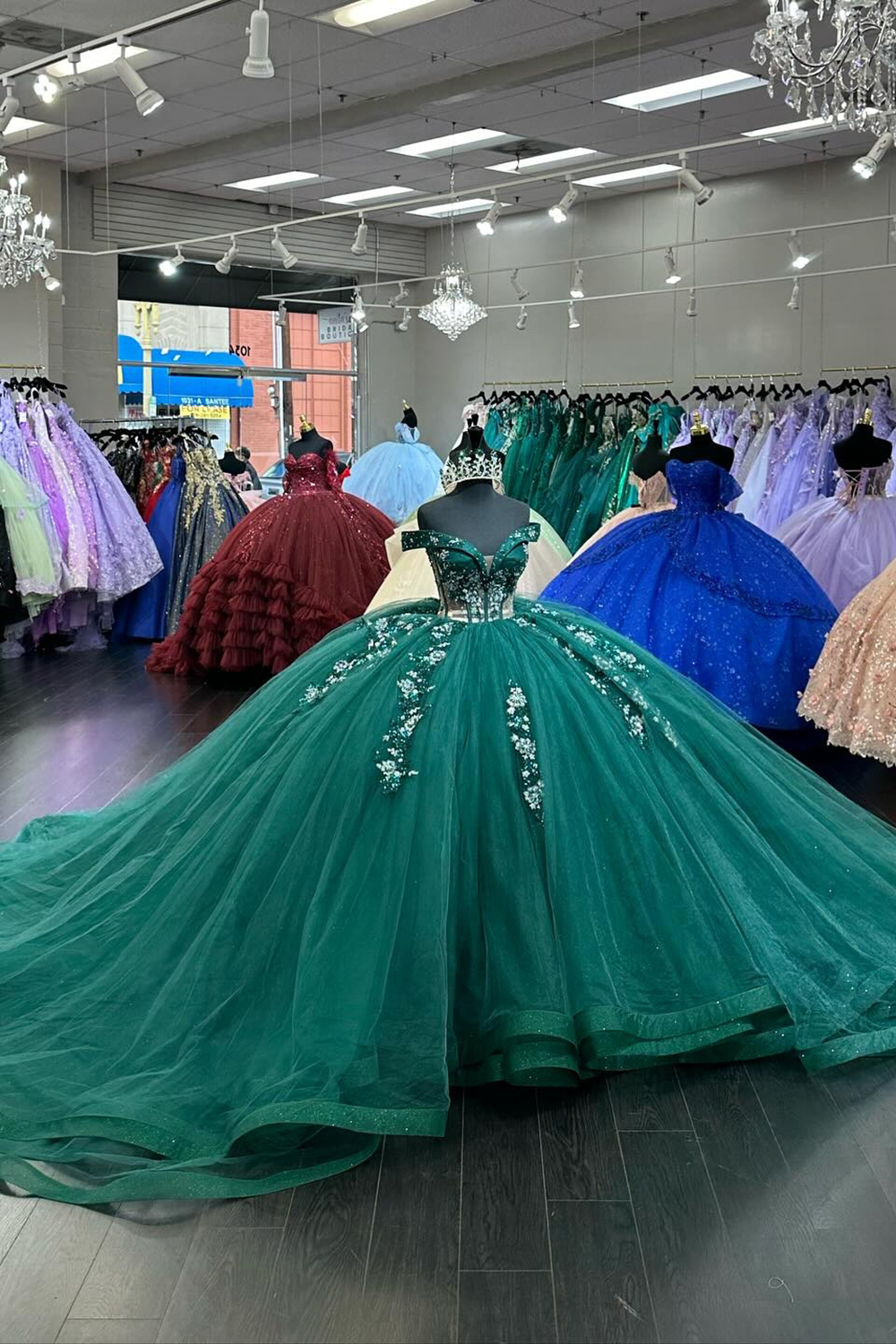 Dark Green Off the Shoulder Beaded Applique Ball Gown Tulle Quinceanera Dress
