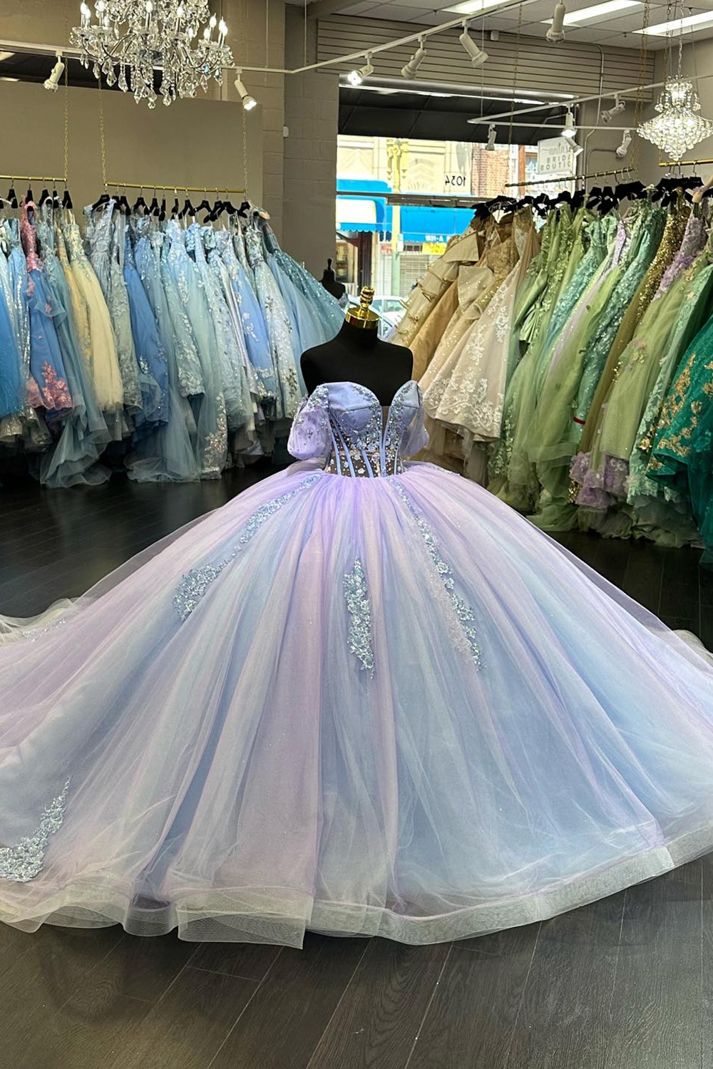Blue Lilac Off the Shoulder Applique Princess Tulle Quinceanera Dress with Train