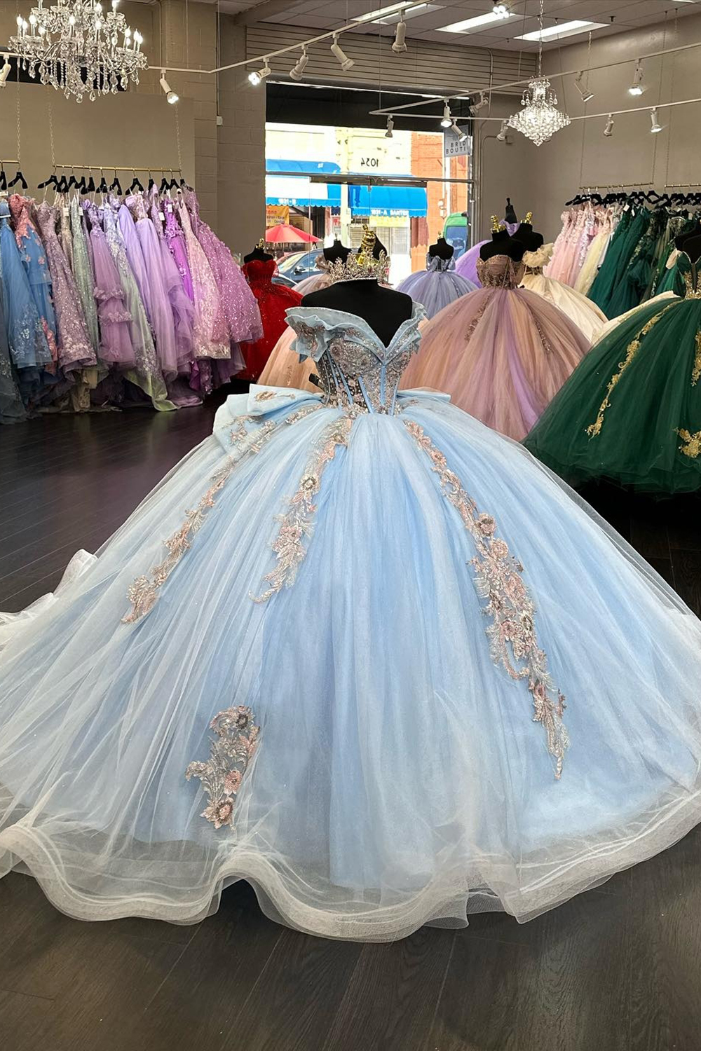 Blue Lilac Off the Shoulder Beaded Applique Princess Tulle Quinceanera Dress