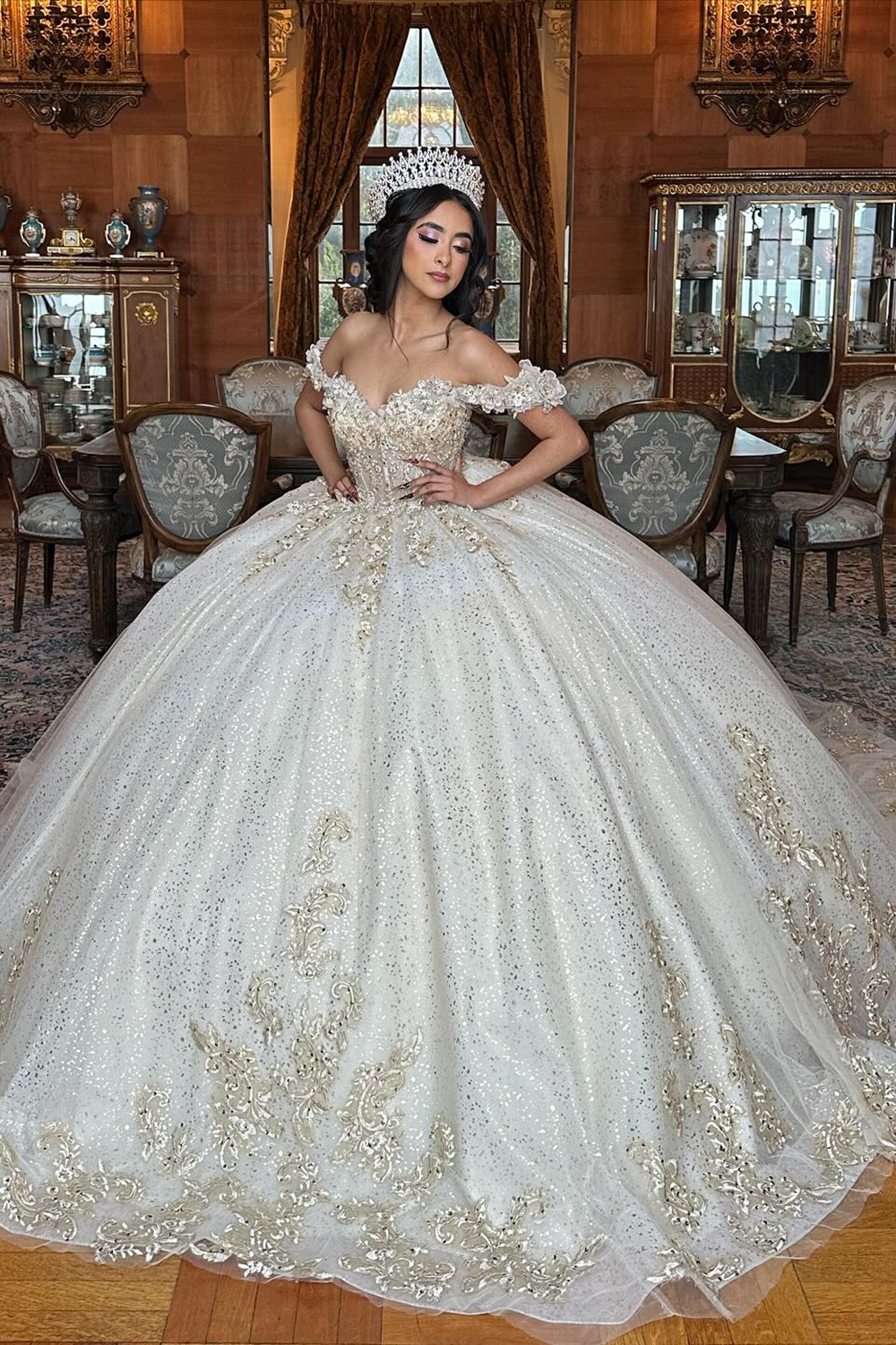 Sparkly White Golden Off the Shoulder Sequin Applique Princess Tulle Quinceanera Dress with Train