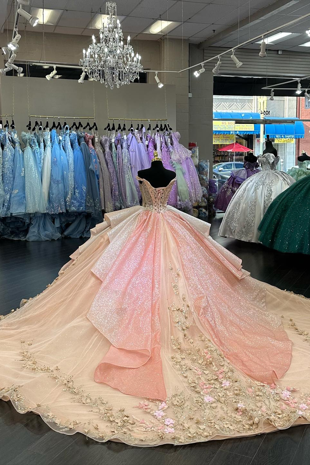 Sparkly Pink Gloden Off the Shoulder Sequin Applique Princess Tulle Quinceanera Dress