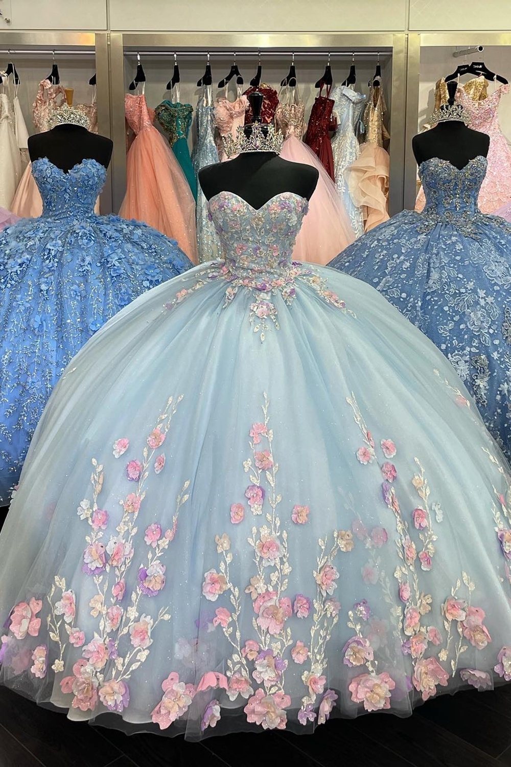 Sparkly Blue Lilac Sweetheart Sequin Princess Tulle Quinceanera Dress with Pink Floral