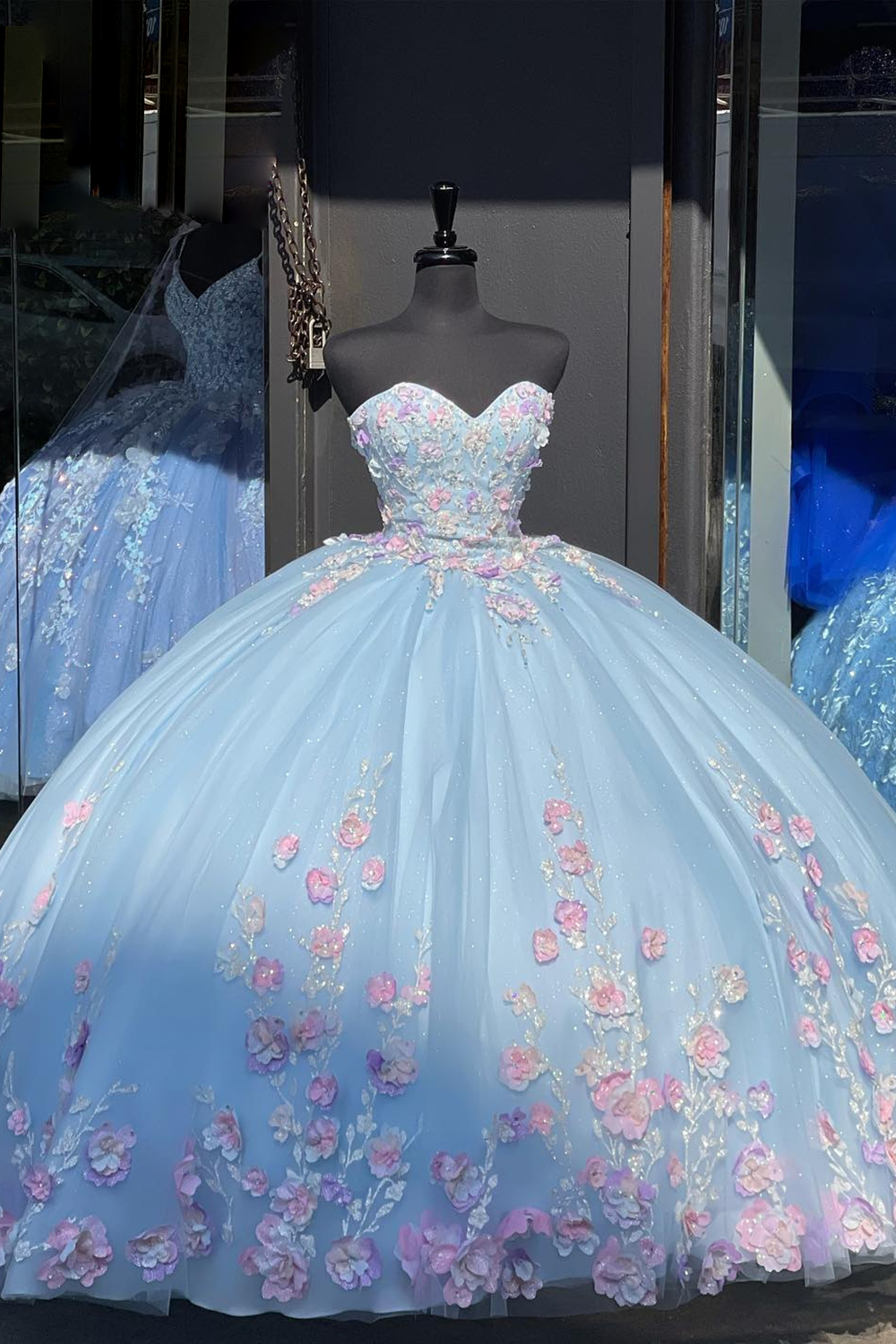 Sparkly Blue Lilac Sweetheart Sequin Princess Tulle Quinceanera Dress with Pink Floral