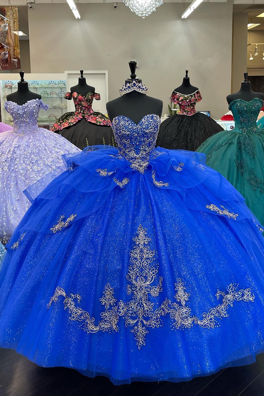 Sparkly Royal Blue Sweetheart Applique Ball Gown Tulle Quinceanera Dress