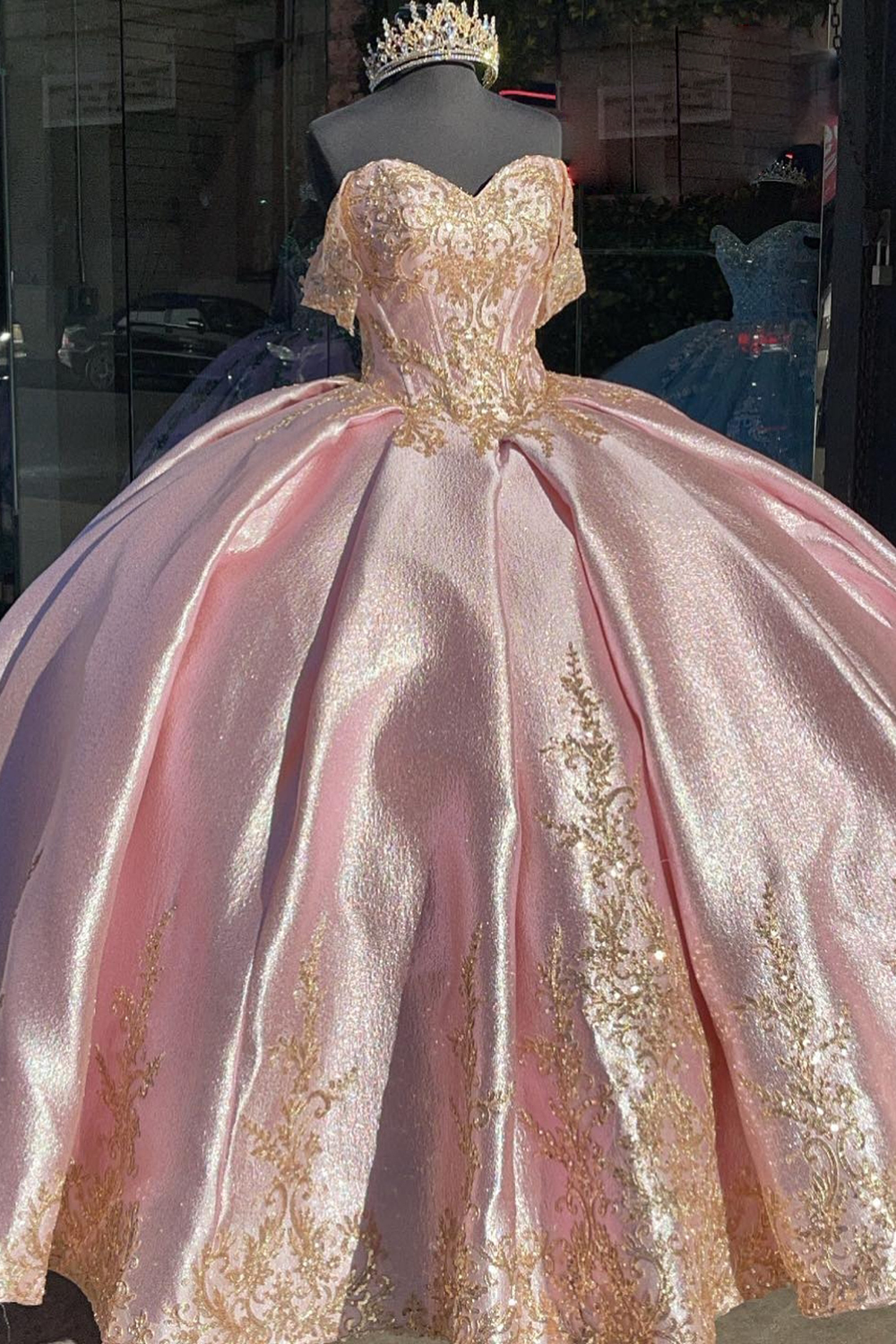 Sparkly Blush Off the Shoulder Applique Ball Gown Satin Quinceanera Dress
