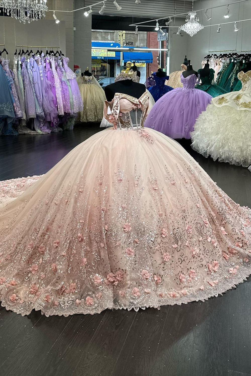 Sparkly Blush Off the Shoulder Applique Princess Tulle Quinceanera Dress