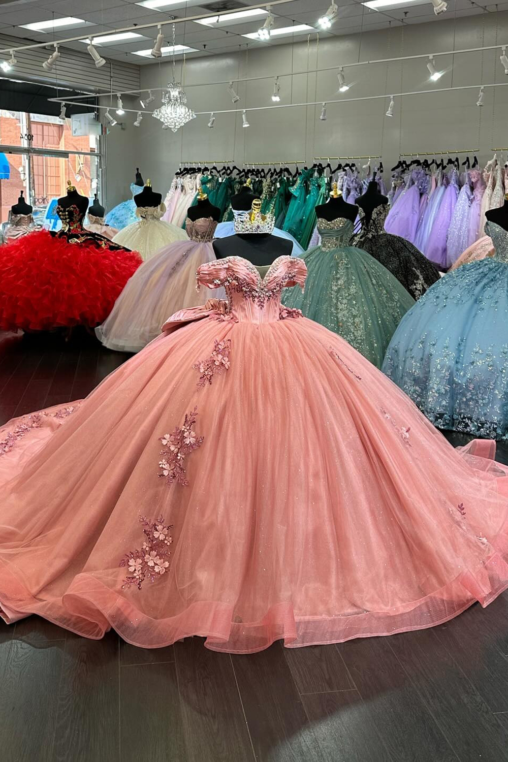 Dark Pink Off the Shoulder Applique Bow Princess Tulle Quinceanera Dress with Train
