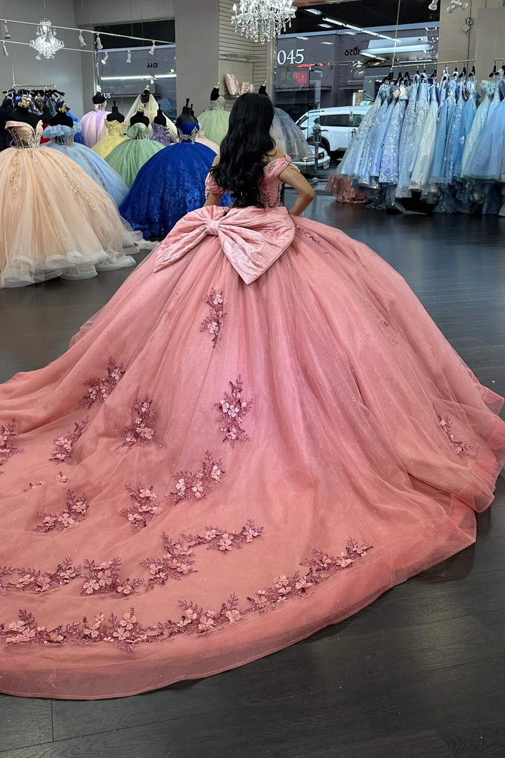 Dark Pink Off the Shoulder Applique Bow Princess Tulle Quinceanera Dress with Train