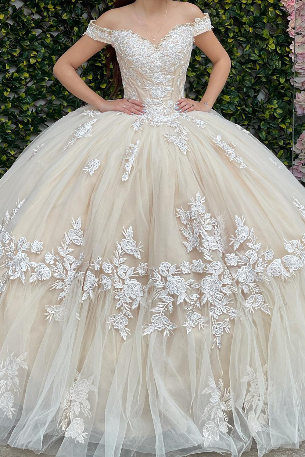 Apricot Off the Shoulder Applique Ball Gown Tulle Quinceanera Dress