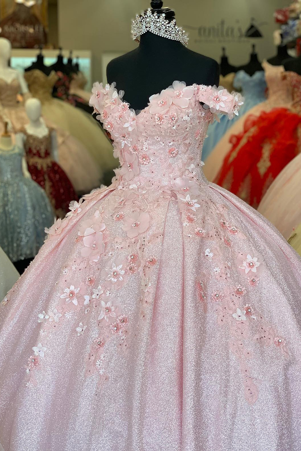 Sparkly Pink Off The Shoulder Beaded Applique Princess Tulle Quinceanera Dress