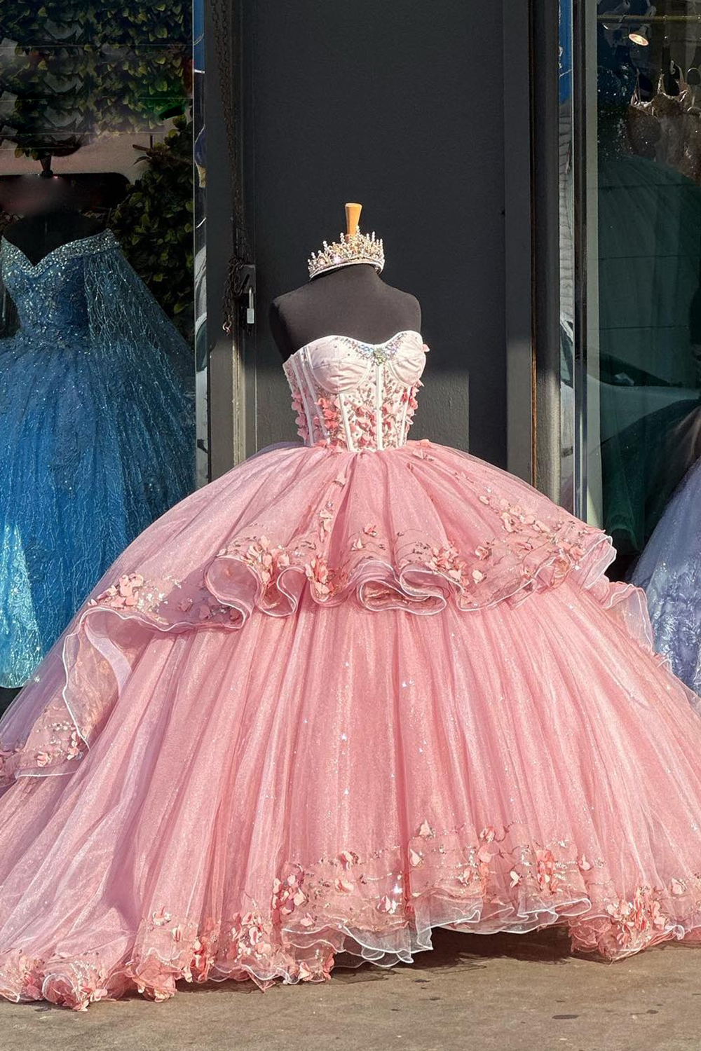 Glitter Pink Sweetheart Beaded Applique Princess Tulle Quinceanera Dress with Sequins