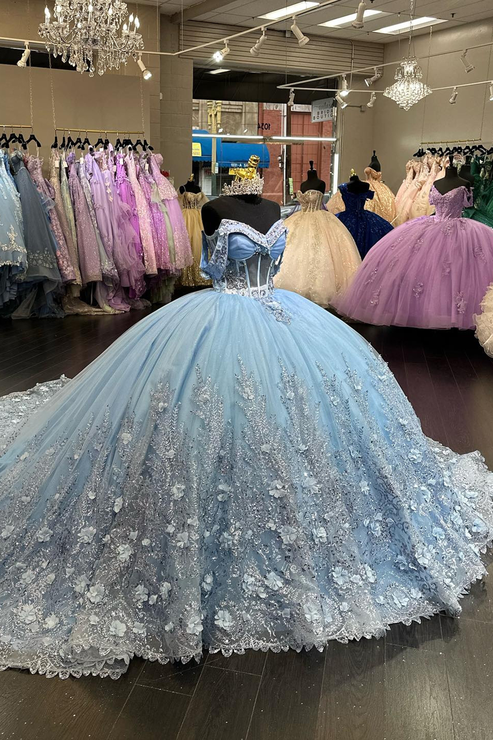 Light Blue Off the Shoulder Applique Ball Gown Tulle Quinceanera Dress