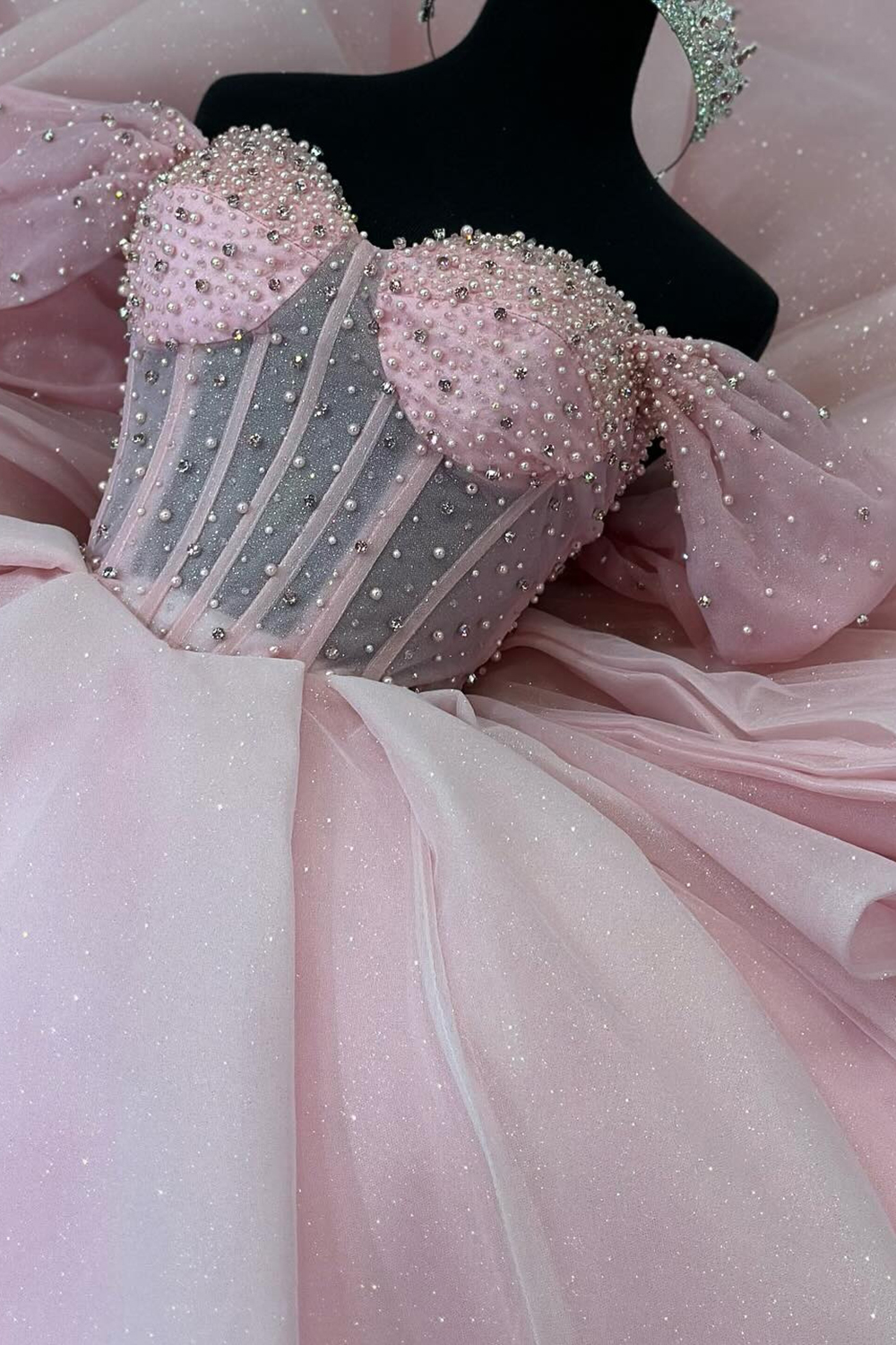 Glitter Pink Off the Shoulder Beaded Ball Gown Tulle Quinceanera Dress with Bow