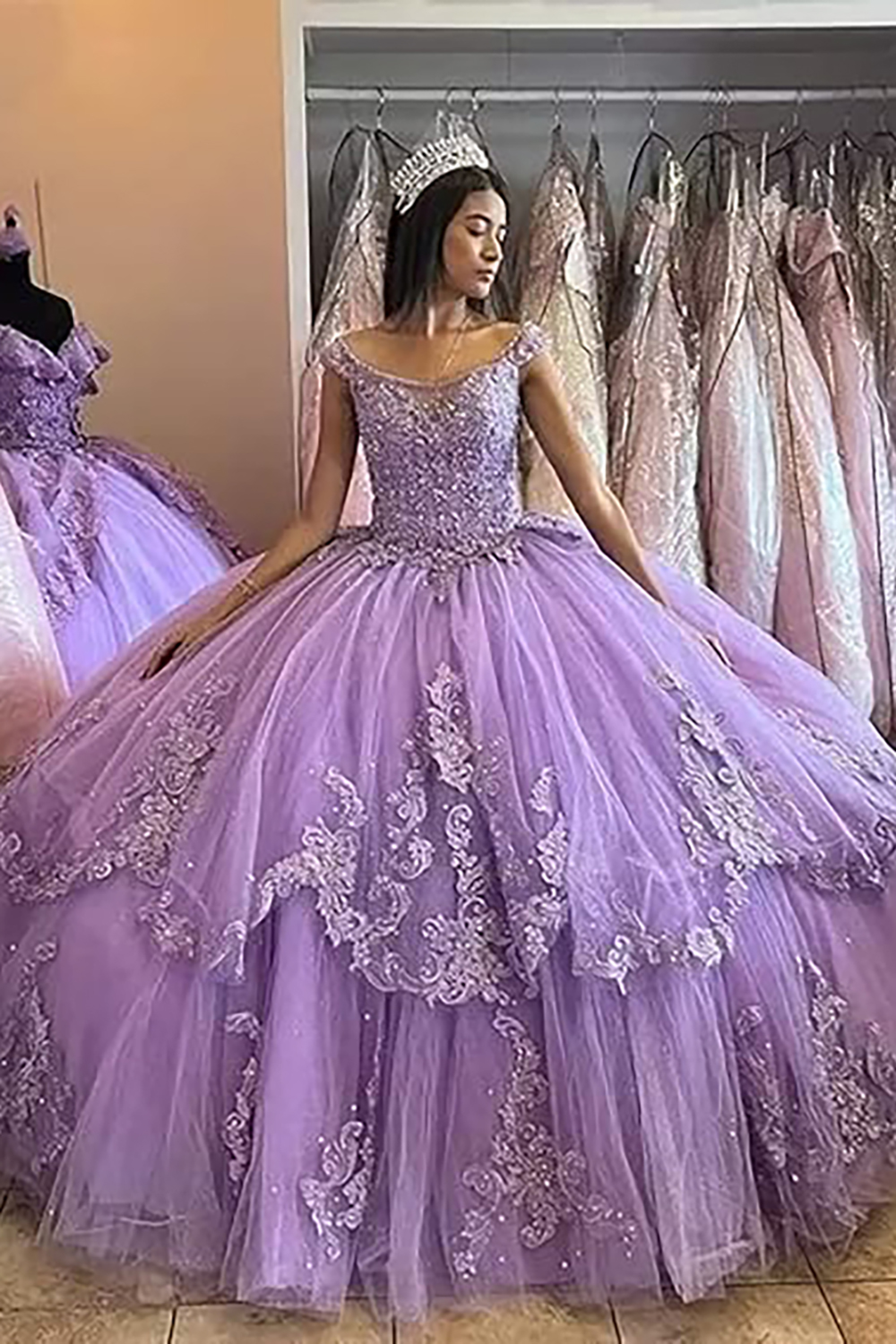 Lilac Off the Shoulder Tulle Tiered Ball Gown Quinceanera Dress with Sequins