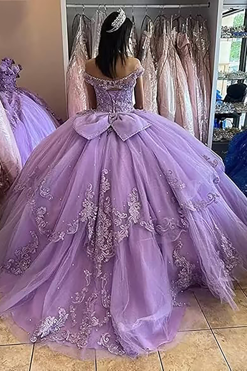 Lilac Off the Shoulder Tulle Tiered Ball Gown Quinceanera Dress with Sequins