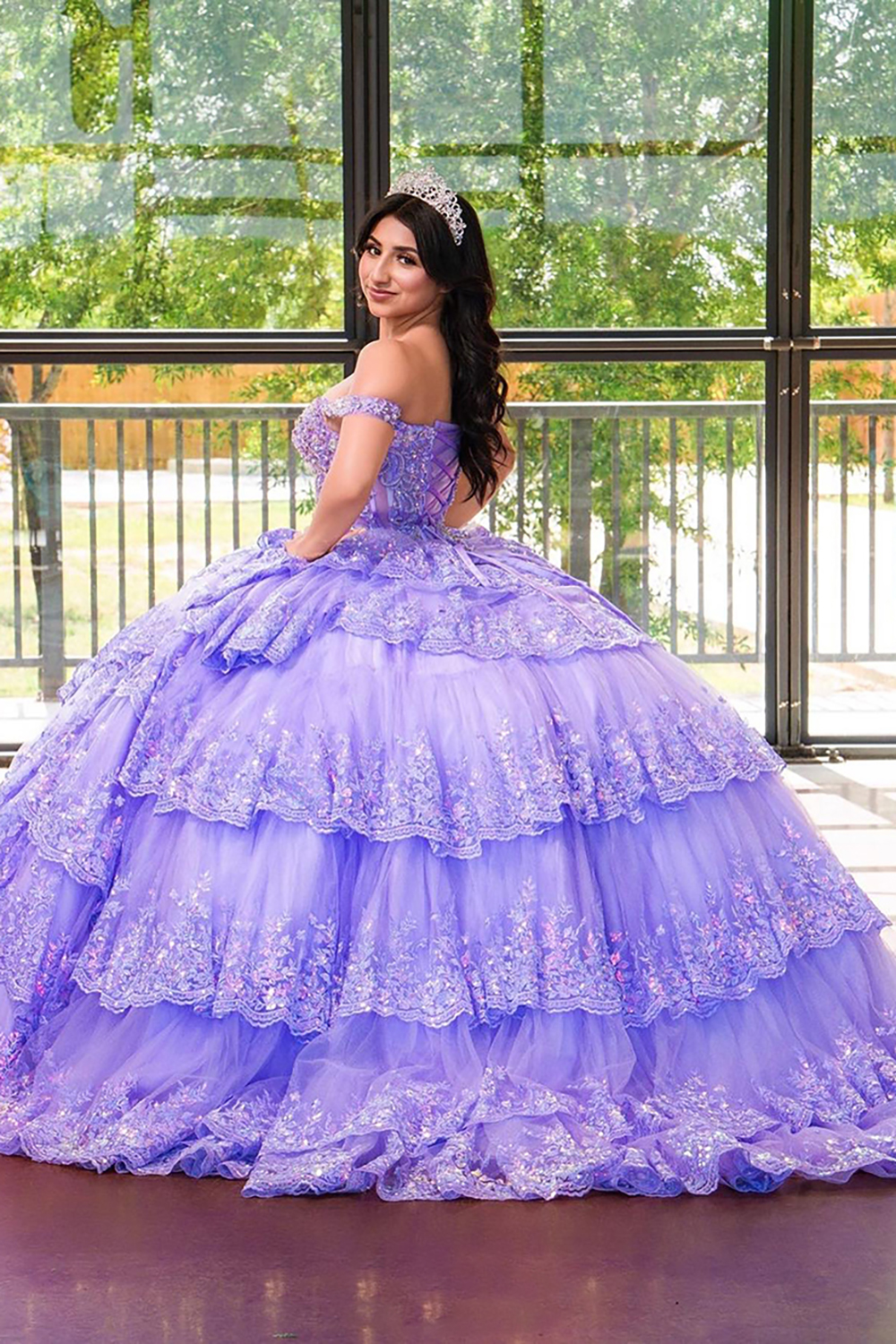 Lavender Off the Shoulder Sequin Princess Tulle Tiered Quinceanera Dress 