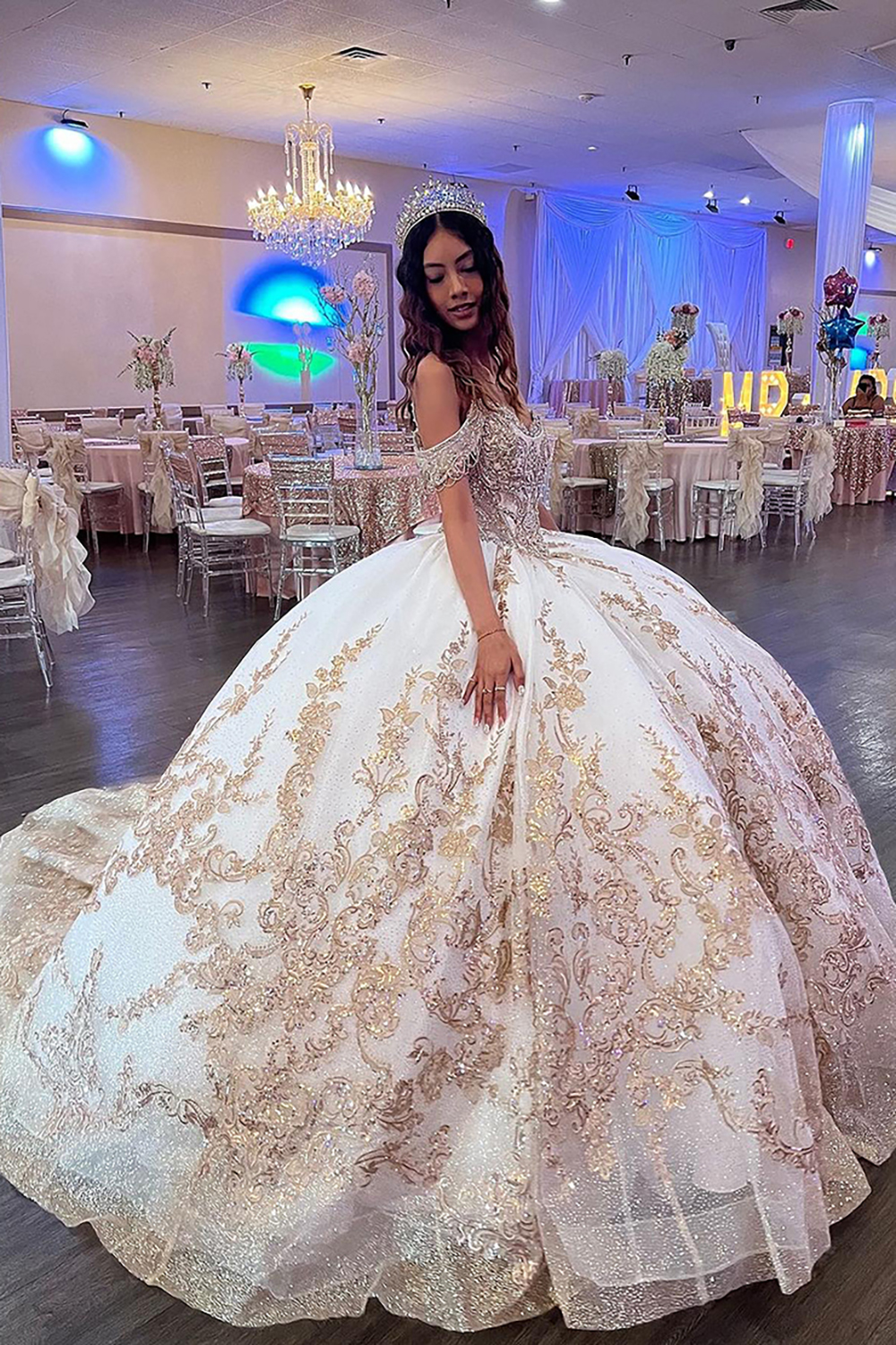 Sparkly Golden Ivory Cold Shoulder Ball Gown Sequins Quinceanera Dress 