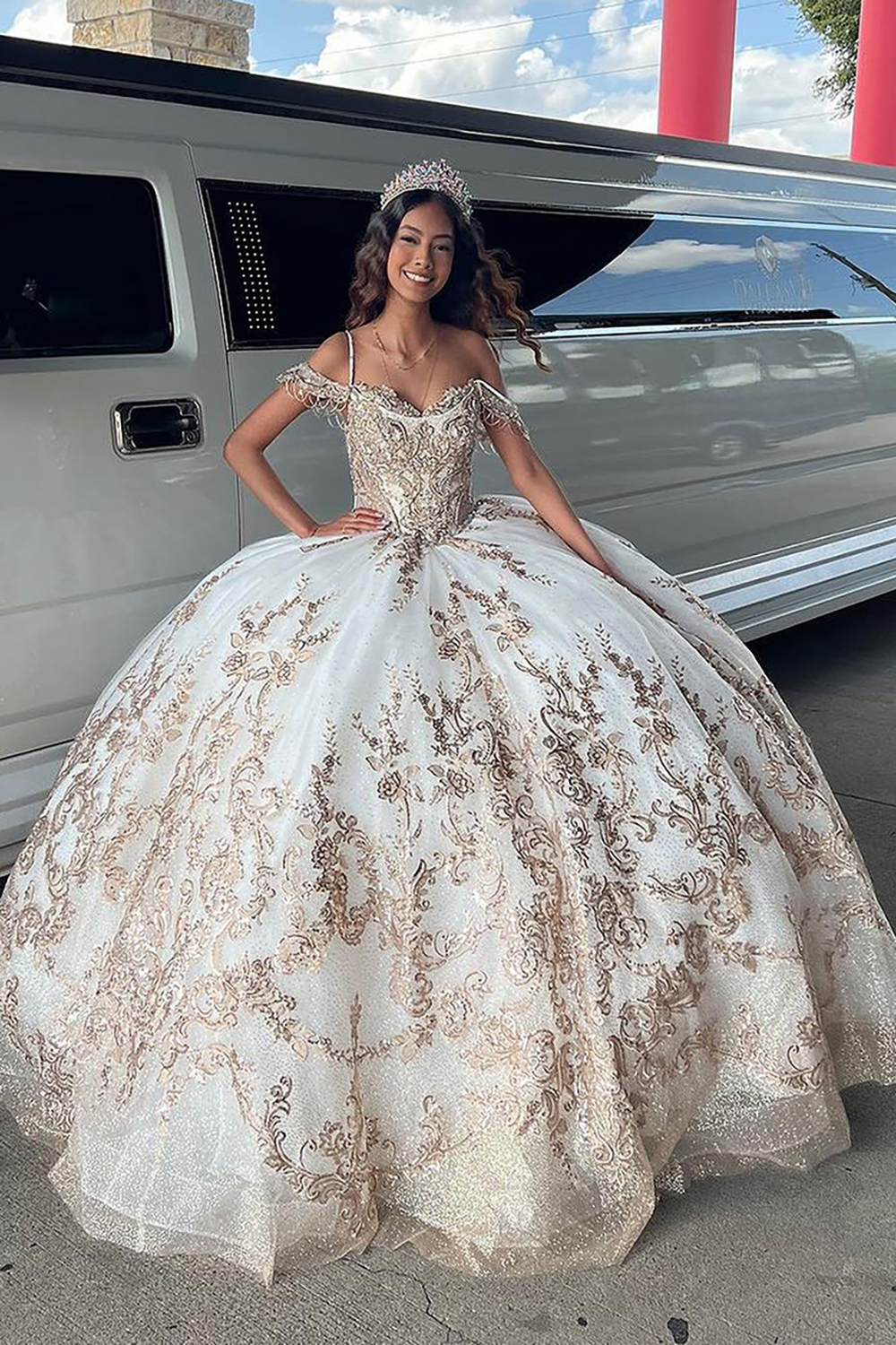 Sparkly Golden Ivory Cold Shoulder Ball Gown Sequins Quinceanera Dress 