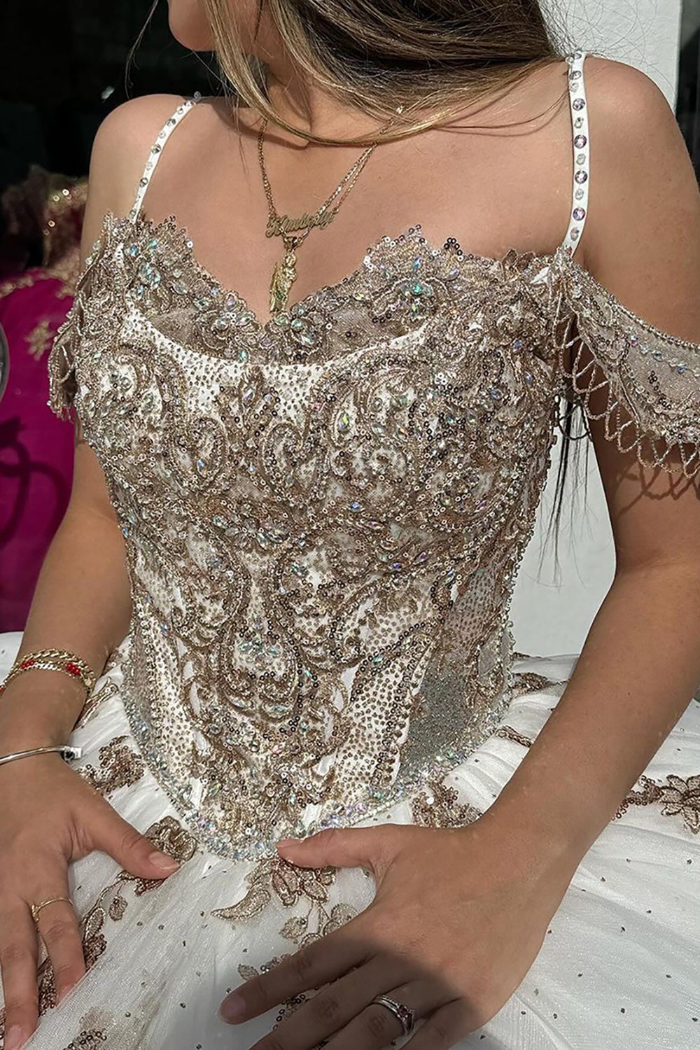 Sparkly Golden Ivory Cold Shoulder Ball Gown Sequins Quinceanera Dress 