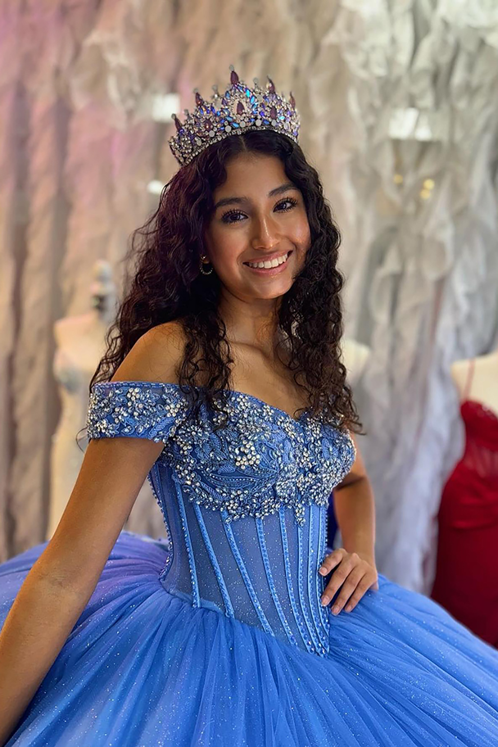 Sparkly Blue Off the Shoulder Ball Gown Tulle Quinceanera Dress with Beading