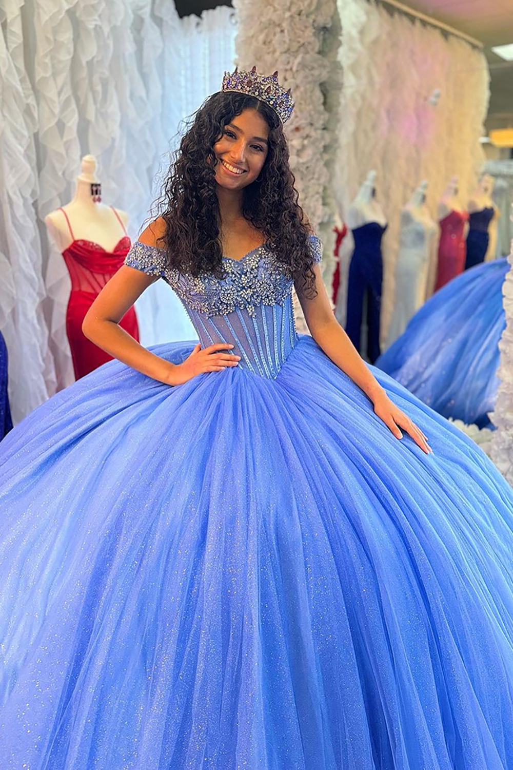 Sparkly Blue Off the Shoulder Ball Gown Tulle Quinceanera Dress with Beading