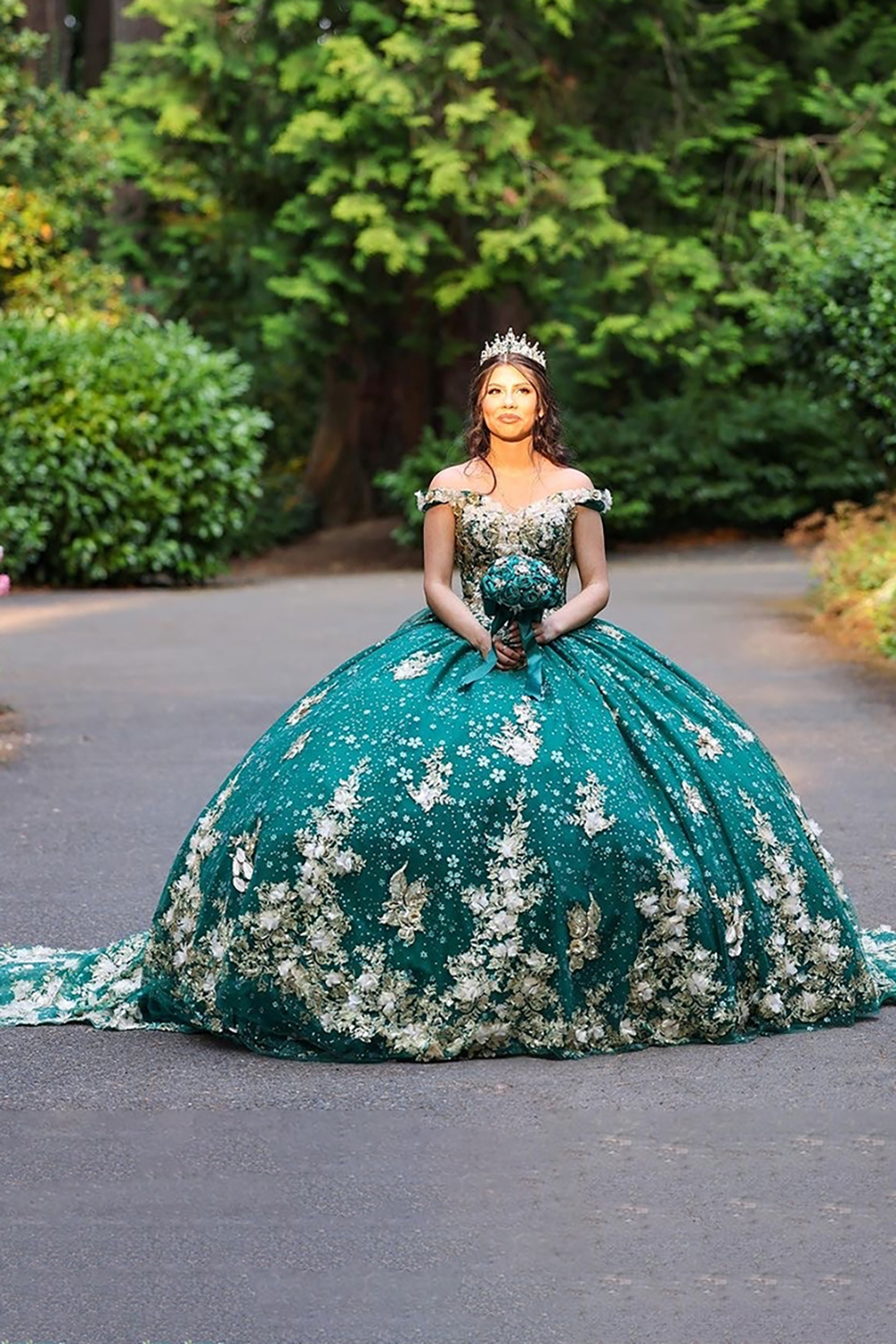 Green Golden Off the Shoulder Ball Gown Appliqued Quinceanera Dress 