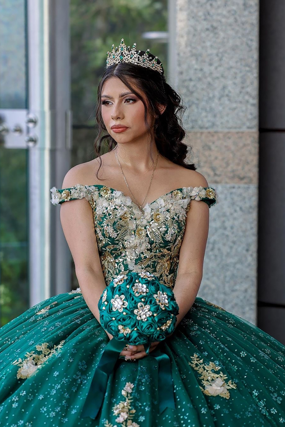 Green Golden Off the Shoulder Ball Gown Appliqued Quinceanera Dress 