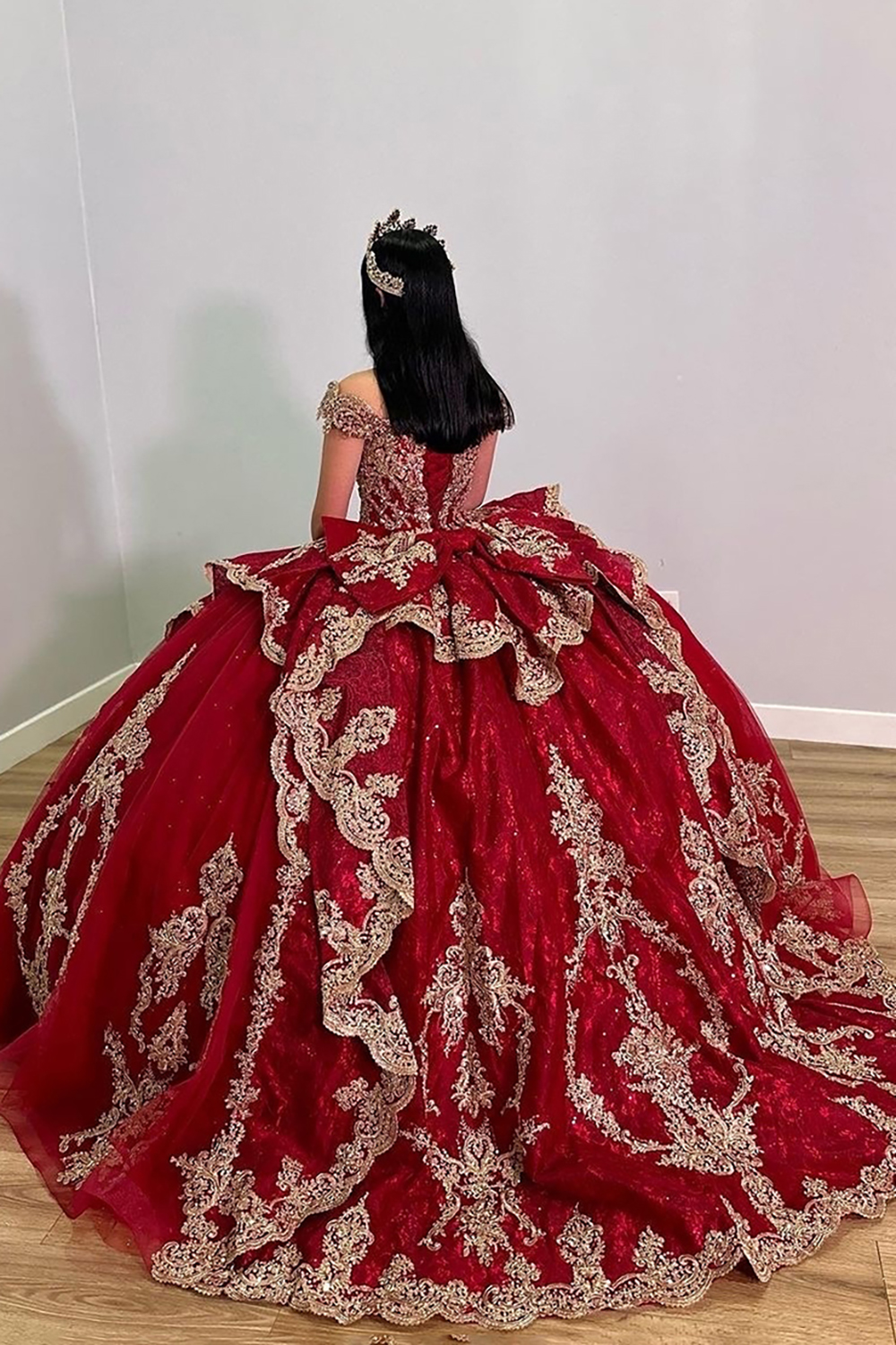 Sparkly Burgundy Off the Shoulder Ball Gown Quinceanera Dress with Appliques
