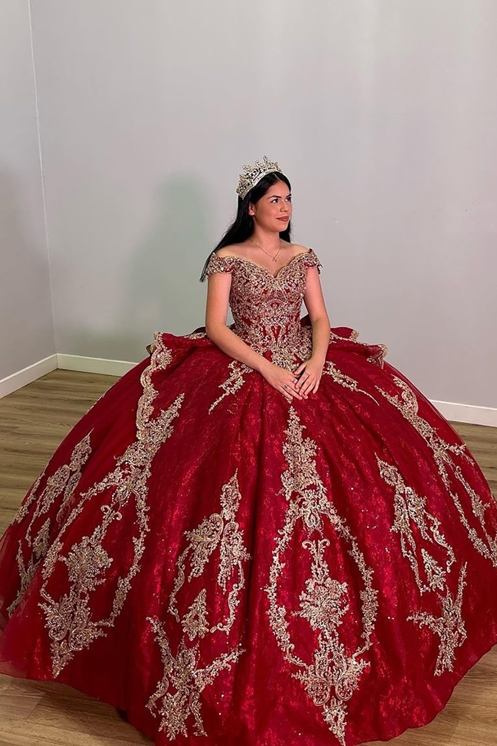 Sparkly Burgundy Off the Shoulder Ball Gown Quinceanera Dress with Appliques