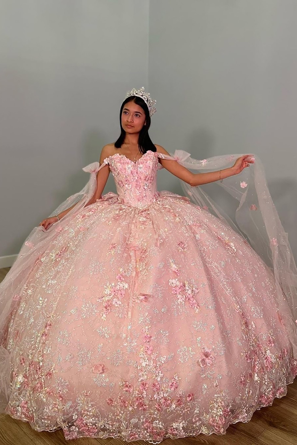 Dusty Rose Off the Shoulder Princess Appliqued Quinceanera Dress with Bow