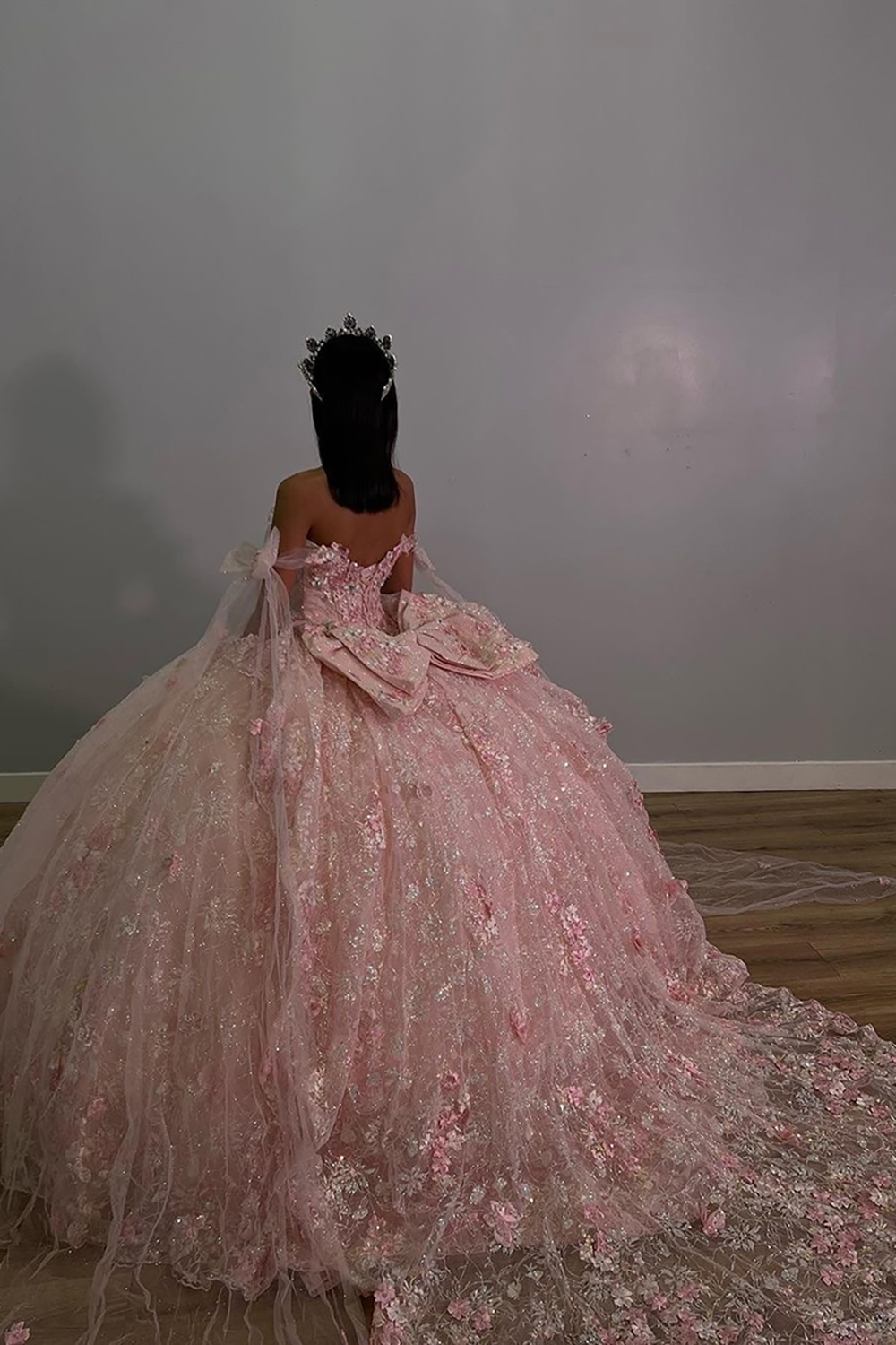 Dusty Rose Off the Shoulder Princess Appliqued Quinceanera Dress with Bow