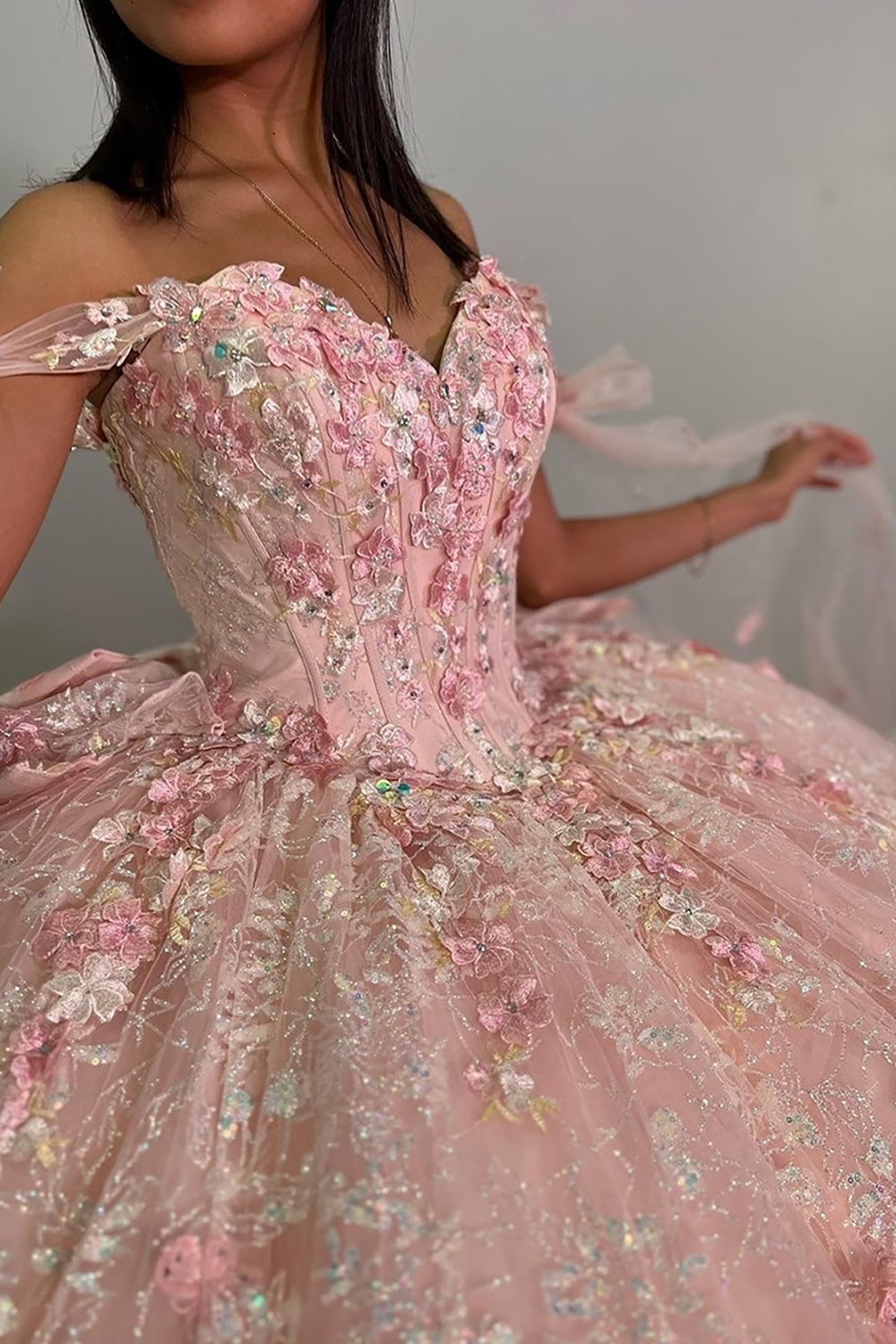 Dusty Rose Off the Shoulder Princess Appliqued Quinceanera Dress with Bow