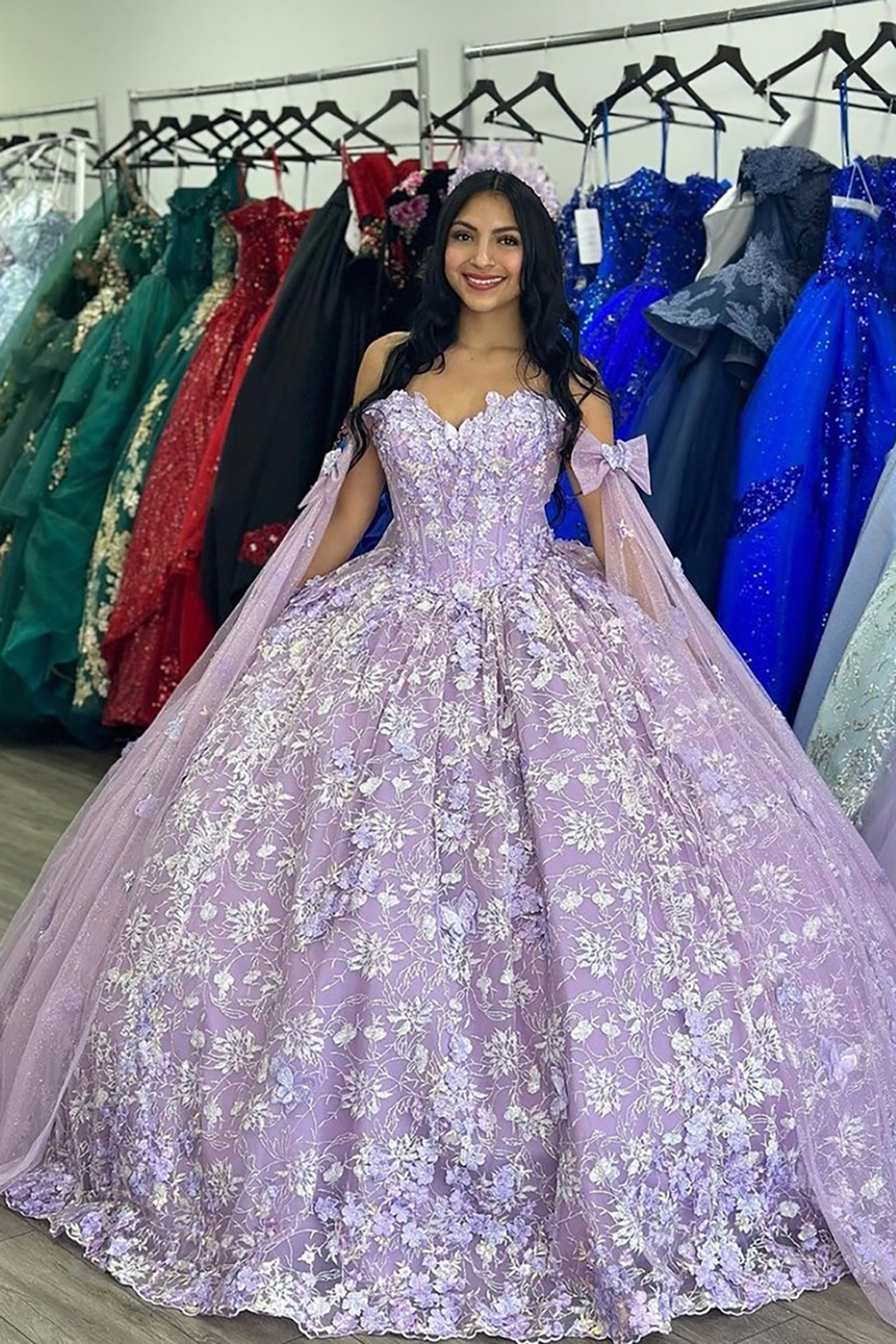 Dusty Rose Off the Shoulder Princess Appliqued Quinceanera Dress with Bow