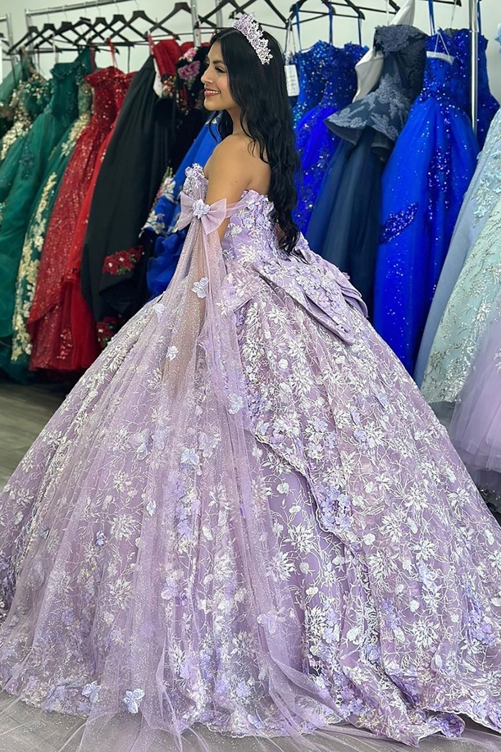 Dusty Rose Off the Shoulder Princess Appliqued Quinceanera Dress with Bow