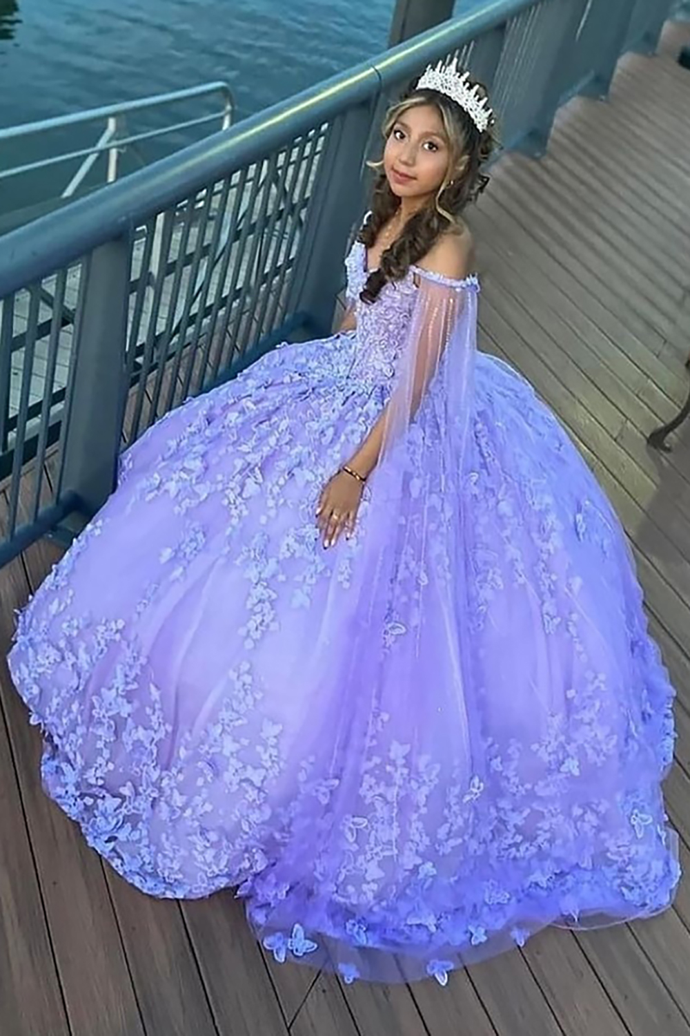 Sparkly Lavender Off the Shoulder Caped Princess Quinceanera Dress with Appliques