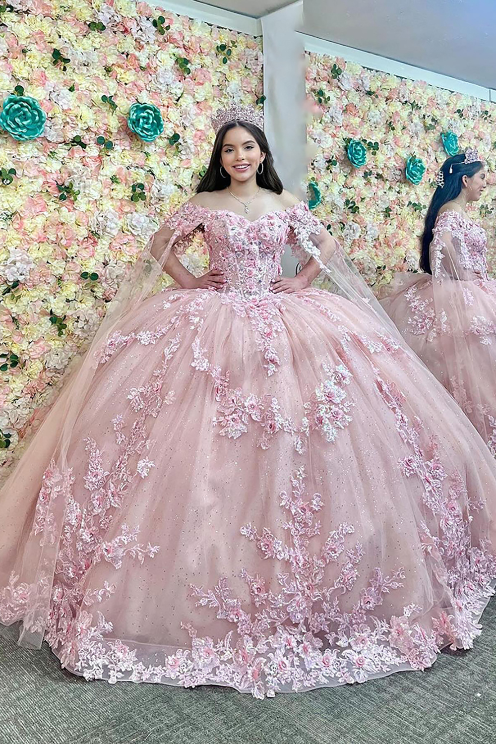 Dusty Rose Off the Shoulder Caped Ball Gown Appliqued Quinceanera Dress with Train