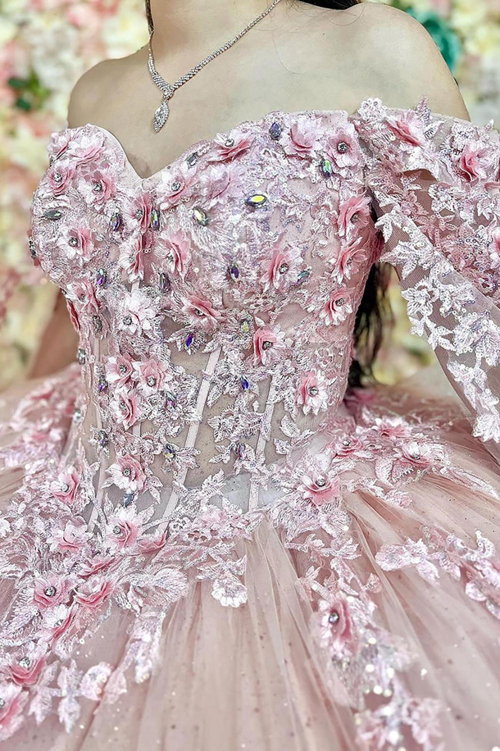 Dusty Rose Off the Shoulder Caped Ball Gown Appliqued Quinceanera Dress with Train