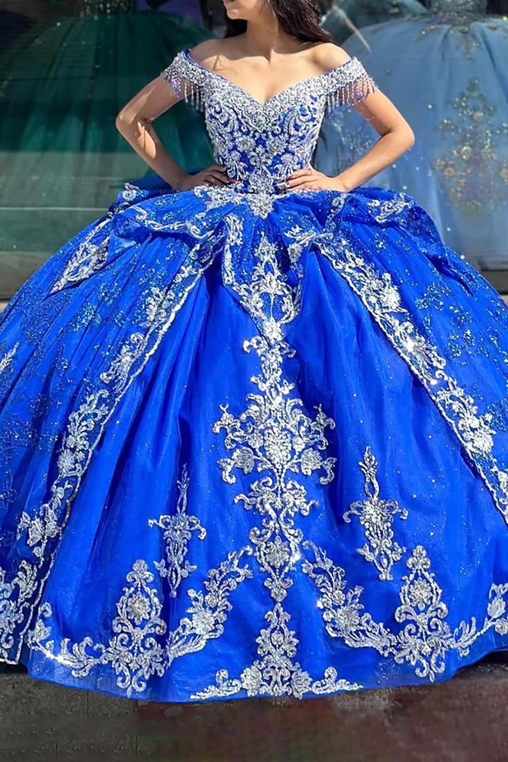 Sparkly Royal Blue Off the Shoulder Tulle Appllique Quinceanera Dress with Fringe
