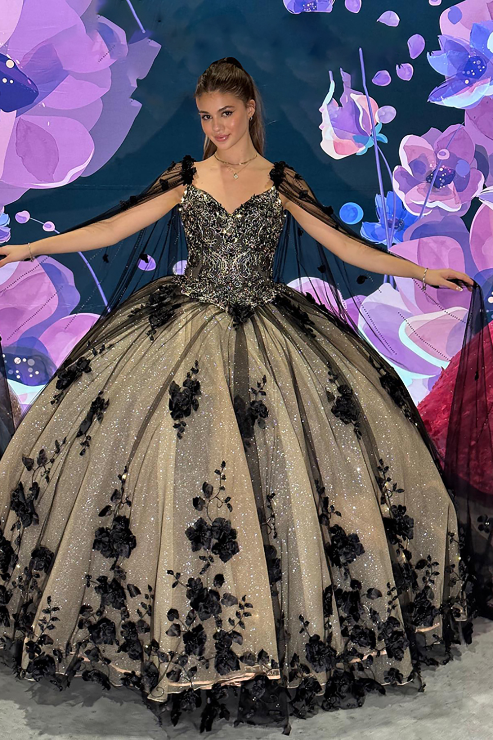 Sparkly Black Apricot Off the Shoulder Applique Princess Quinceanera Dress with 3D Flowers