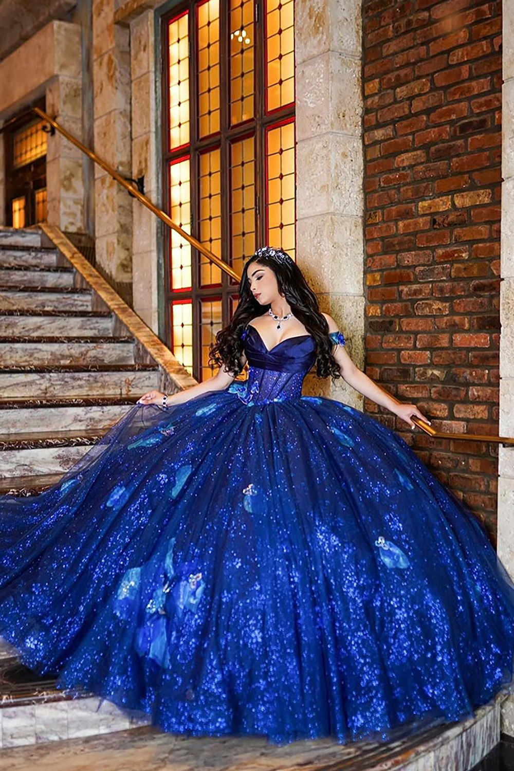 Sparkly Navy Off the Shoulder Applique Ball Gown Quinceanera Dress with Beading