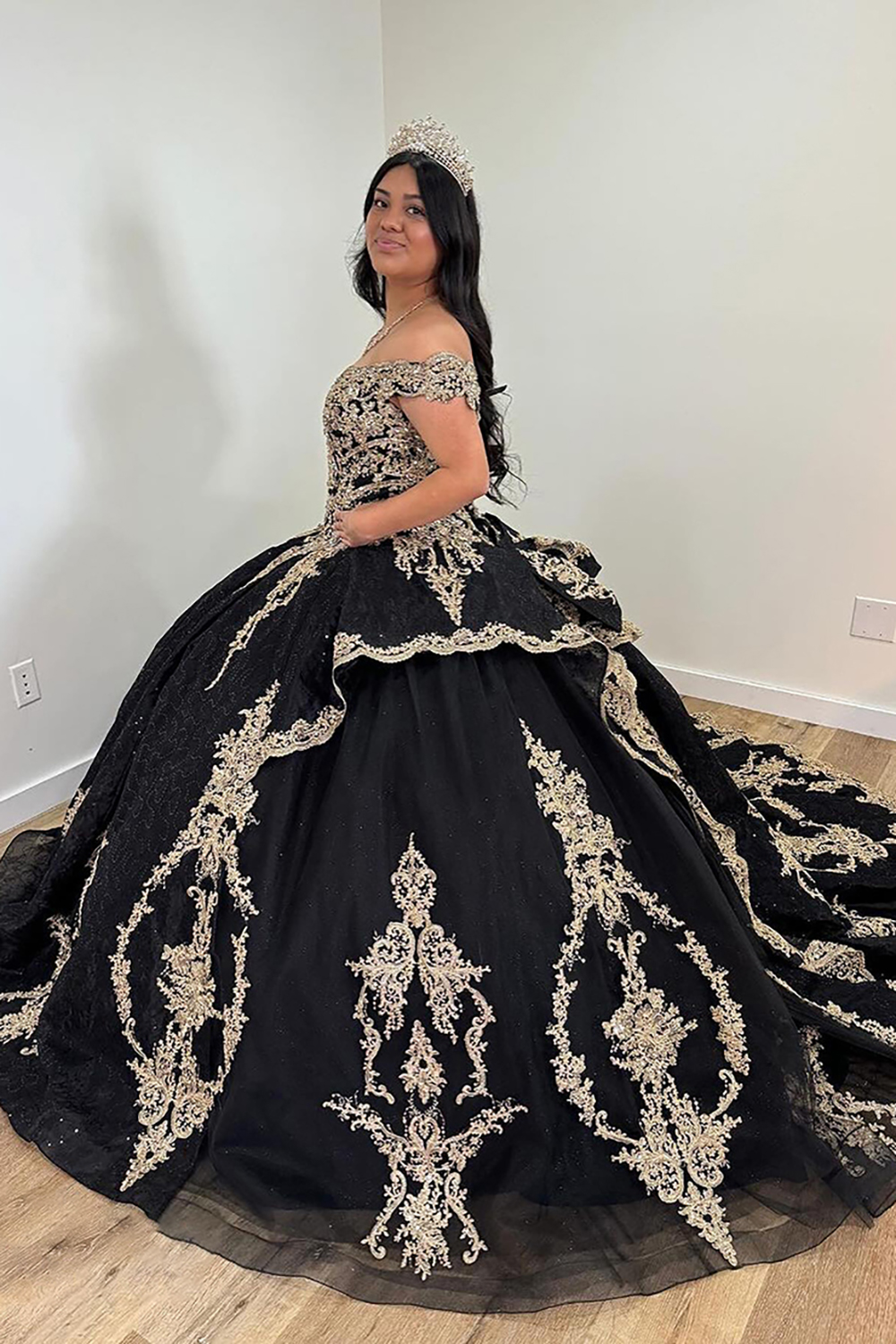 Black Golden Off the Shoulder Appliques Ball Gown Quinceanera Dress with Sequin