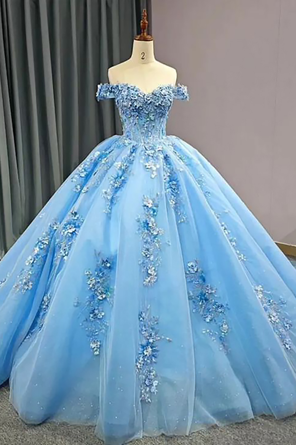 Sparkly Sky Blue Princess Tulle Applique Off the Shoulder Quinceanera Dress 