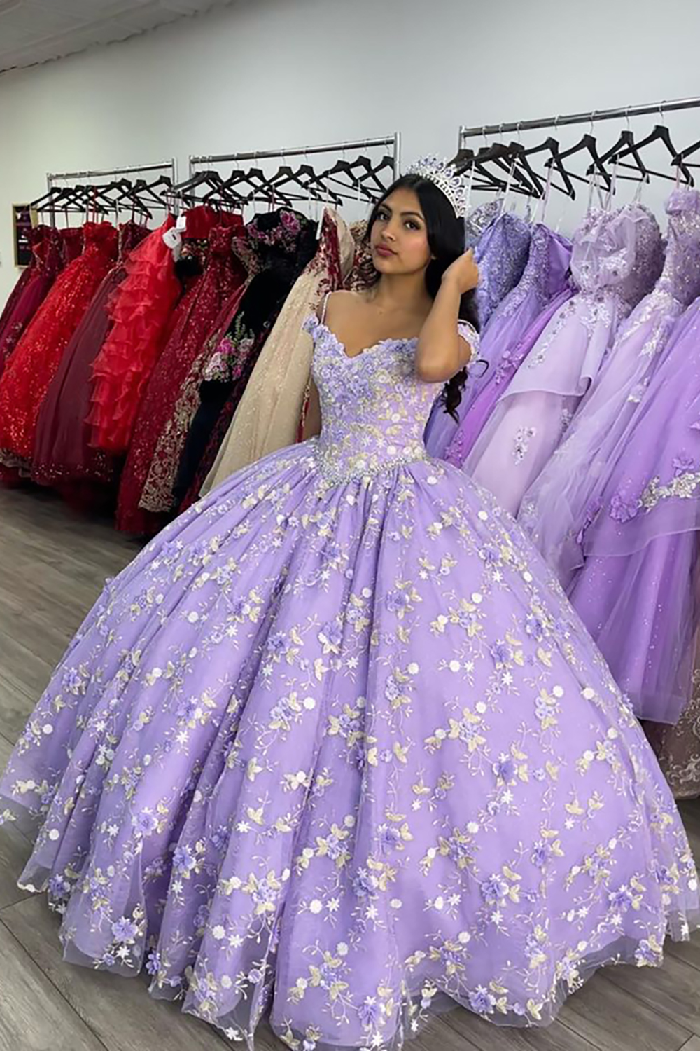 Lilac Off the Shoulder Ball Gown Tulle Quinceanera Dress with Appliques
